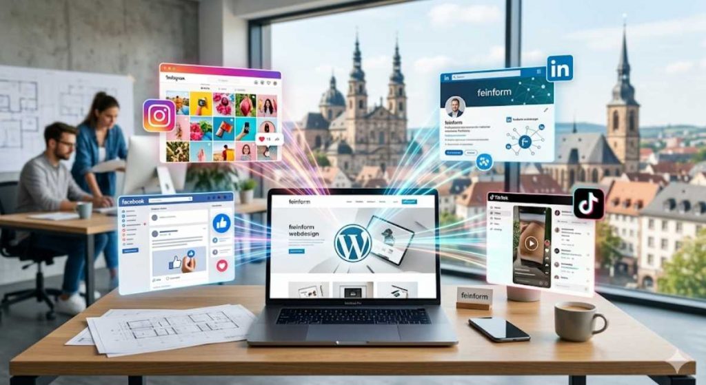 Visualisierung der digitalen Strategie: Eine zentrale WordPress-Website von feinform webdesign als Herzstück, verbunden mit Social Media Plattformen wie Instagram, LinkedIn und TikTok vor der Kulisse des Fuldaer Doms.