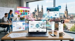 Visualisierung einer digitalen Strategie: Eine WordPress-Website von feinform webdesign als Herzstück, verbunden mit Social Media Plattformen wie Instagram, LinkedIn und TikTok