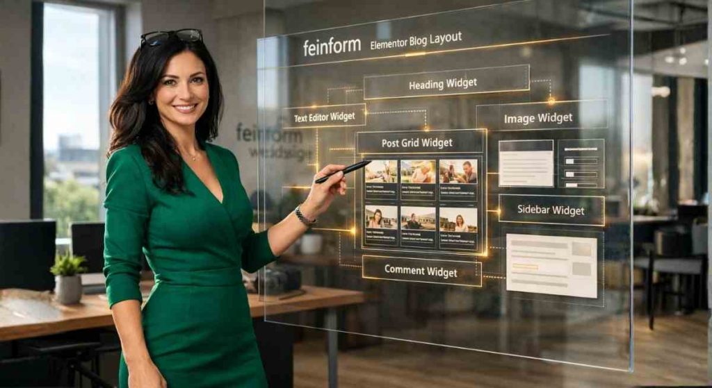 Blog erstellen mit Elementor: Mia von feinform webdesign erklärt die wichtigsten Widgets und den Aufbau eines modernen Blog-Layouts am digitalen Display.