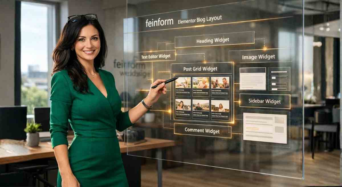 Blog erstellen mit Elementor: Mia von feinform webdesign erklärt die wichtigsten Widgets und den Aufbau eines modernen Blog-Layouts am digitalen Display.