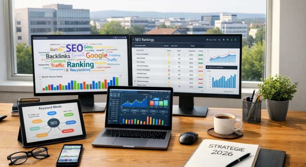 Vergleich der besten Keyword-Recherche-Tools 2026. Ein moderner SEO-Arbeitsplatz bei feinform webdesign in Fulda mit Daten-Dashboards für mehr Traffic und Sichtbarkeit.