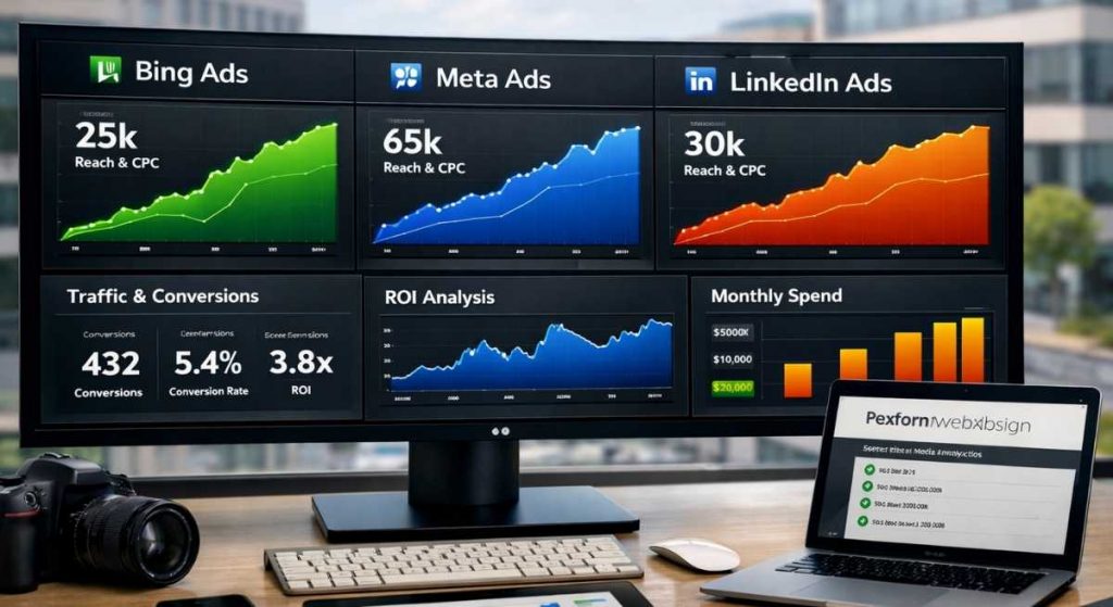 Vergleich von SEA-Alternativen zu Google AdWords. Ein moderner Arbeitsplatz bei feinform webdesign in Fulda zeigt Werbedashboards für Bing, Meta und LinkedIn für erfolgreiches Suchmaschinenmarketing.