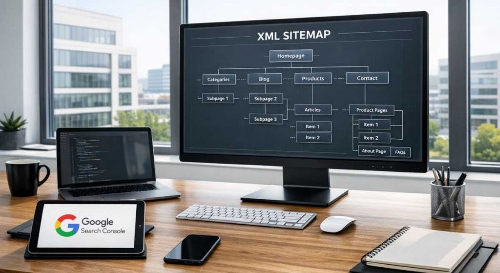 Visualisierung einer XML-Sitemap für WordPress. Ein strukturierter digitaler Bauplan auf einem Monitor in einem modernen Büro in Fulda, der die SEO-Optimierung und Indexierung bei Google symbolisiert.