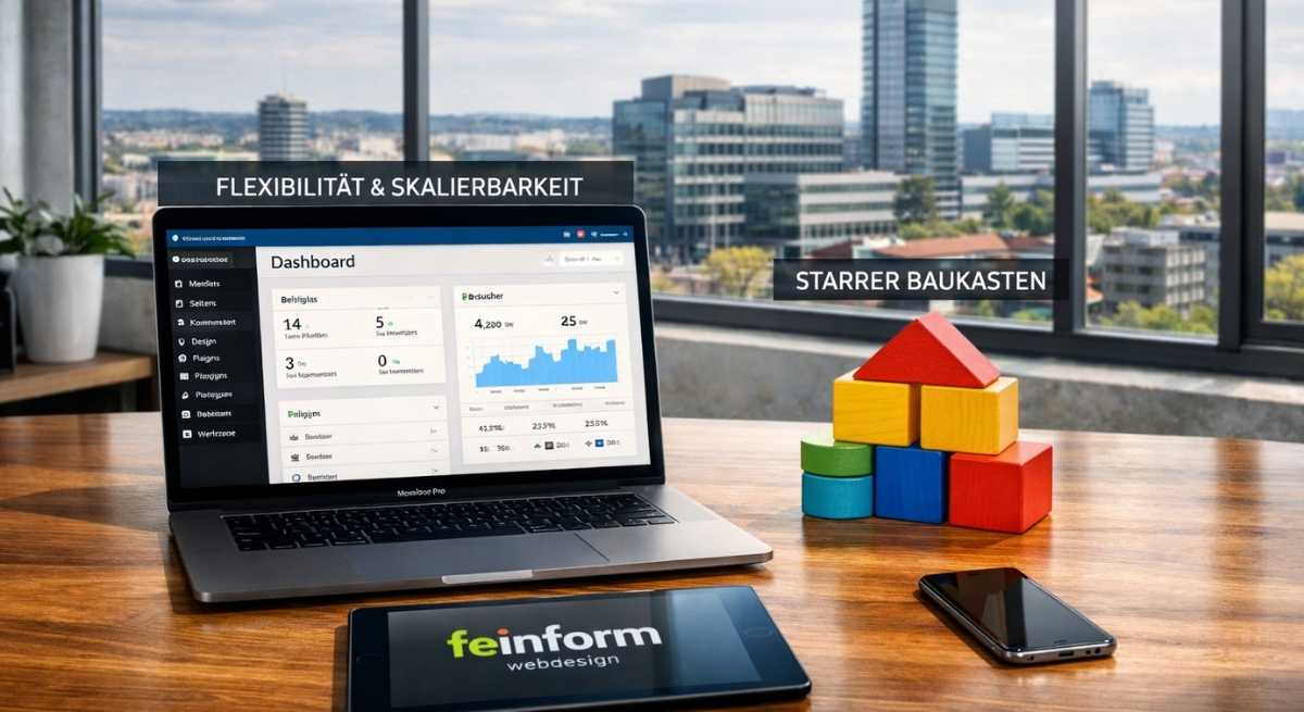 Vergleich zwischen WordPress und Website-Baukasten-Systemen. Ein moderner Laptop mit WordPress-Oberfläche neben einfachen Holzbausteinen, symbolisiert Flexibilität und Skalierbarkeit für Webprojekte im feinform webdesign Büro Fulda.