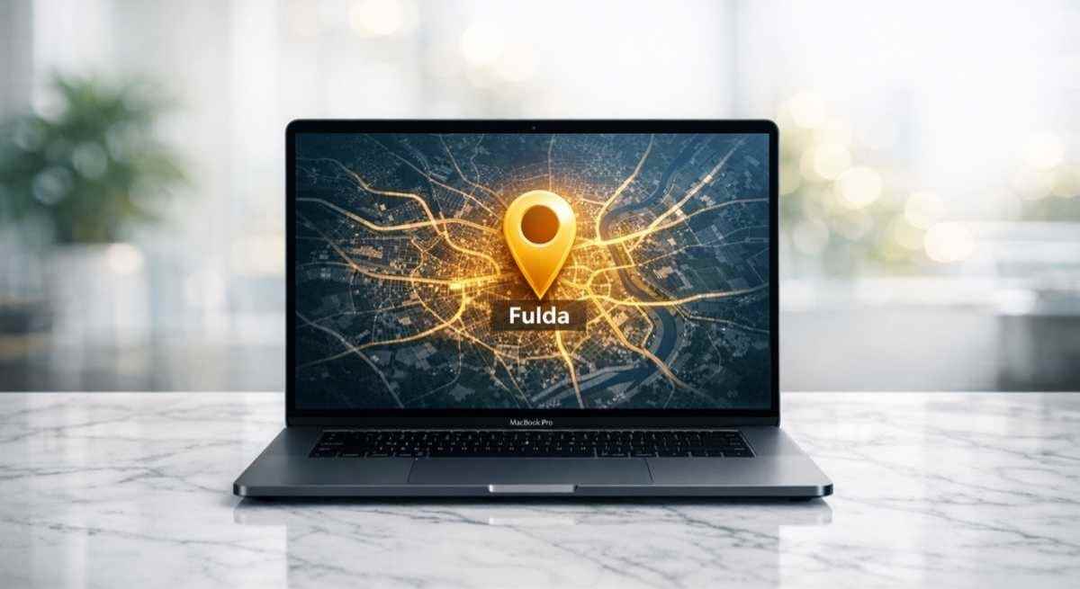 MacBook Pro auf edlem Schreibtisch zeigt eine Google Maps Karte von Fulda zur lokalen SEO Optimierung.