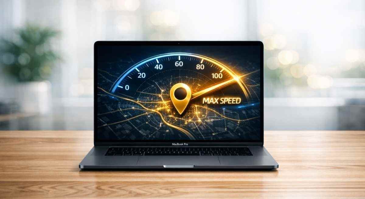 Dunkles MacBook auf hellem Eichenschreibtisch mit einem Tachometer-Dashboard für optimierte Website-Ladegeschwindigkeit.