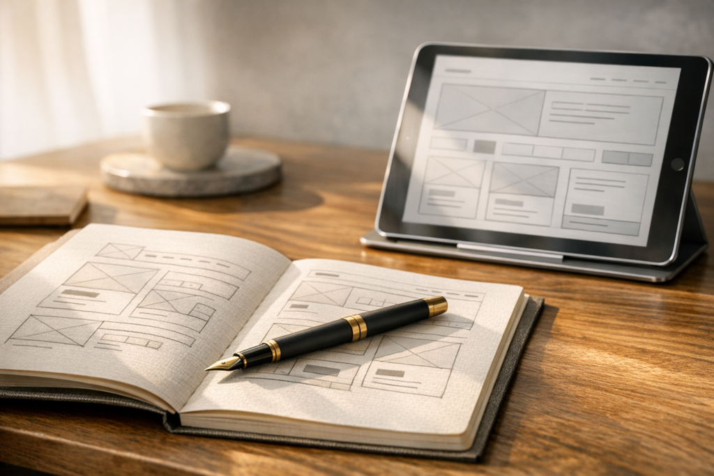 Copywriting Detaillierte Nahaufnahme von einem hölzernen Schreibtisch, der den Übergang von der Skizze zur digitalen Planung zeigt. Ein offenes Notizbuch mit handgezeichneten Website-Wireframes liegt im Vordergrund, darauf ein Füllfederhalter. Dahinter steht ein Tablet mit einer digitalen Version des gleichen Layouts. Fokus auf UX/UI-Konzeption und Professionalität.