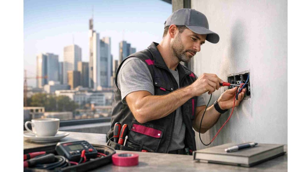 Elektriker arbeitet präzise an Steckdose – Webdesign Frankfurt für Handwerker von feinform
