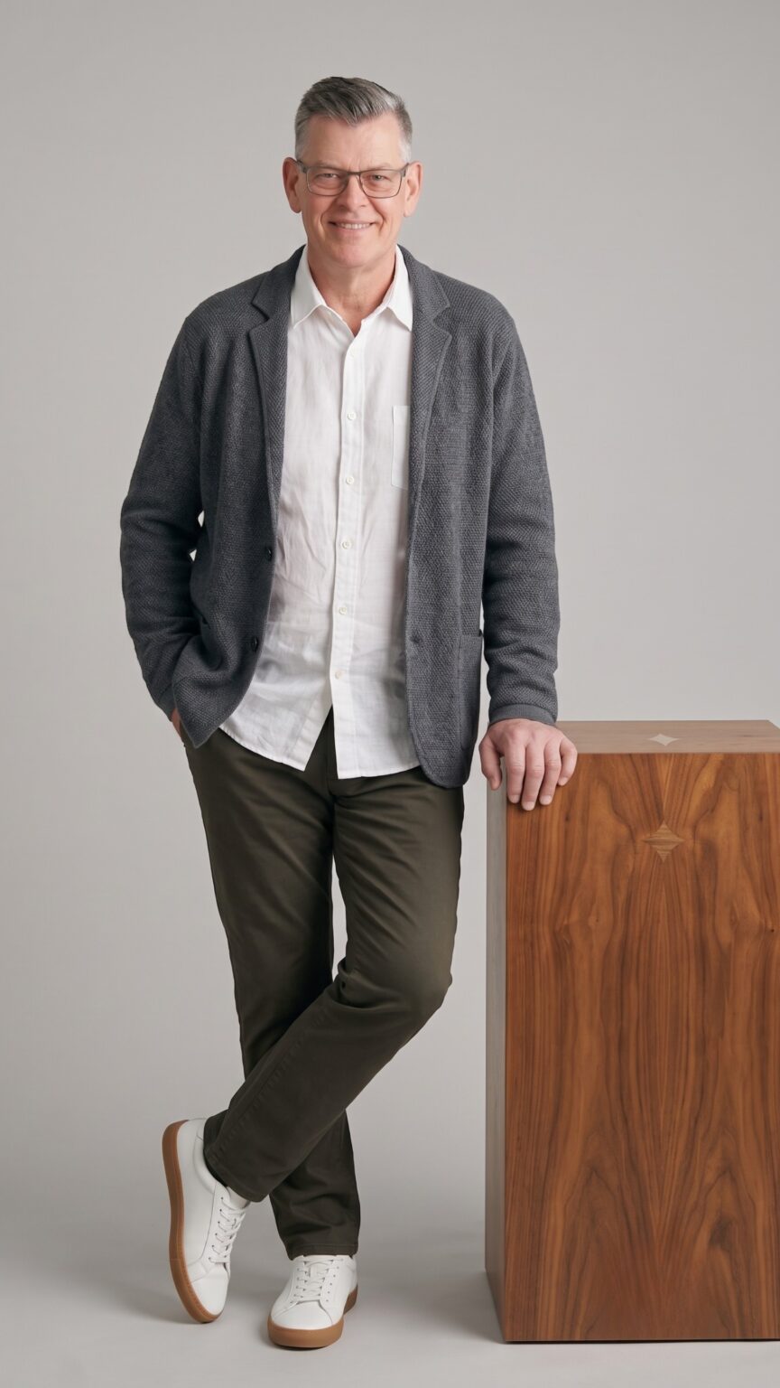Frank Weißbeck, Inhaber von Feinform Webdesign, lächelt in lockerem Business-Outfit vor neutralem Studio-Hintergrund – Webdesign und SEO für Fulda.